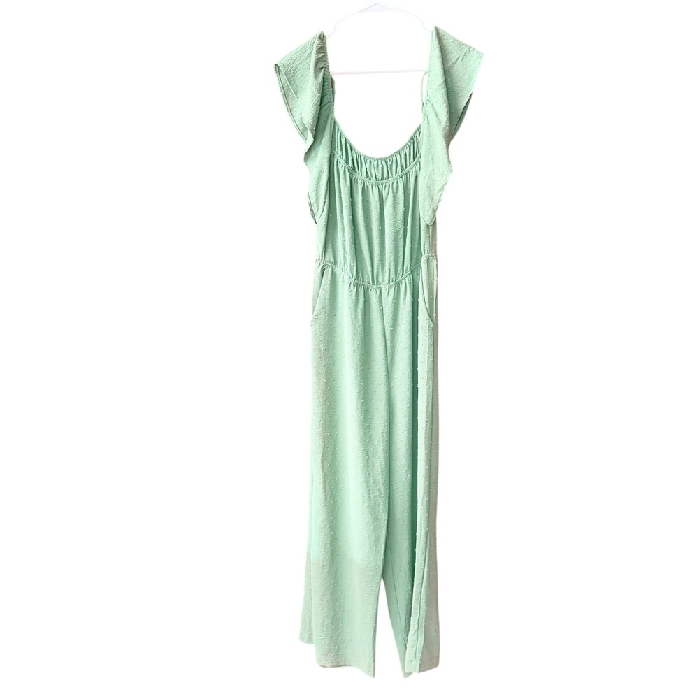 NWT Monteau Los Angeles Sage Green Swiss Dot Wide Leg Jumpsuit Women's Large New